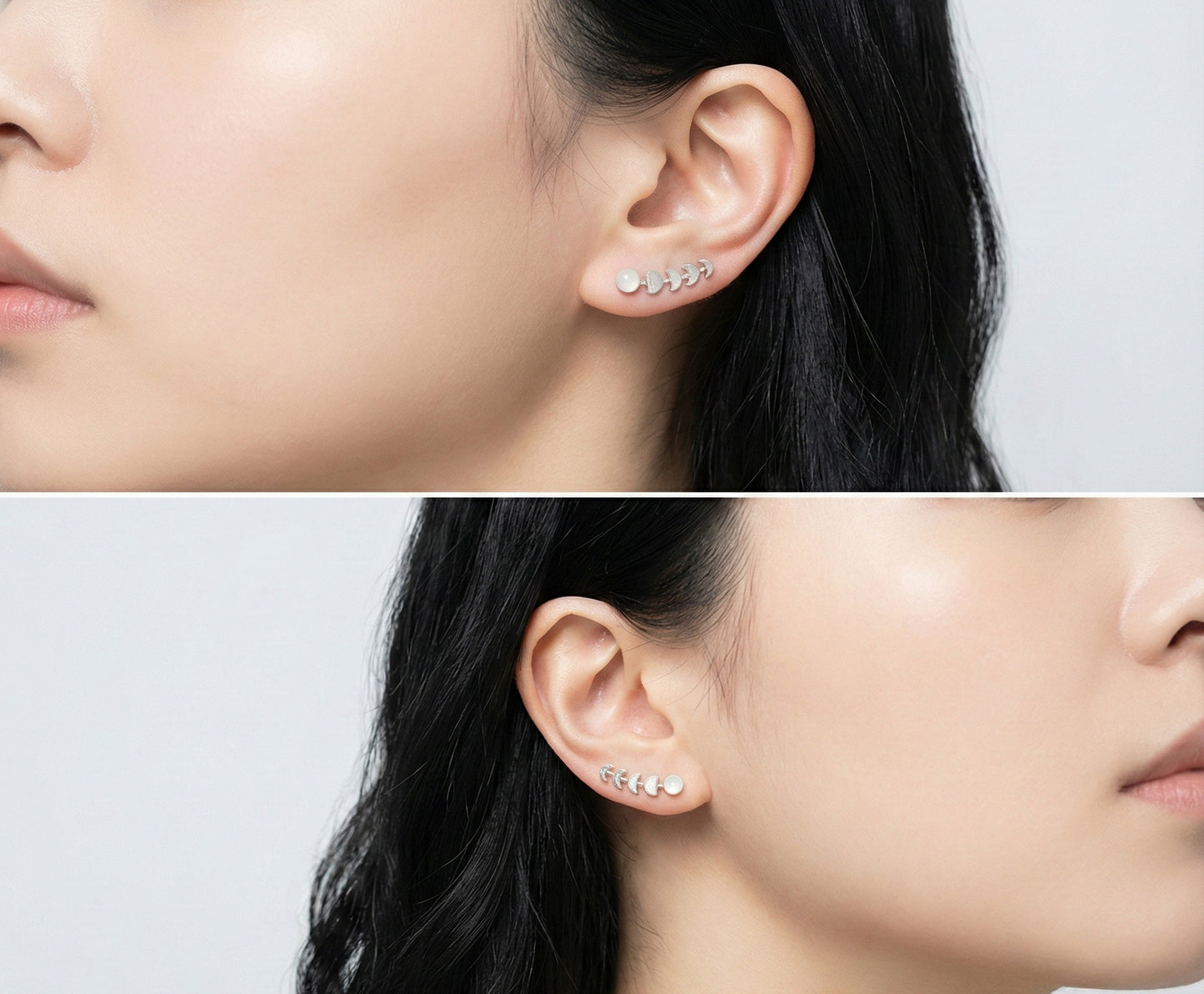 Celestial Moon Phase Ear Climbers | Gold Plated Brass & Glowing Faux Moonstone Crawlers