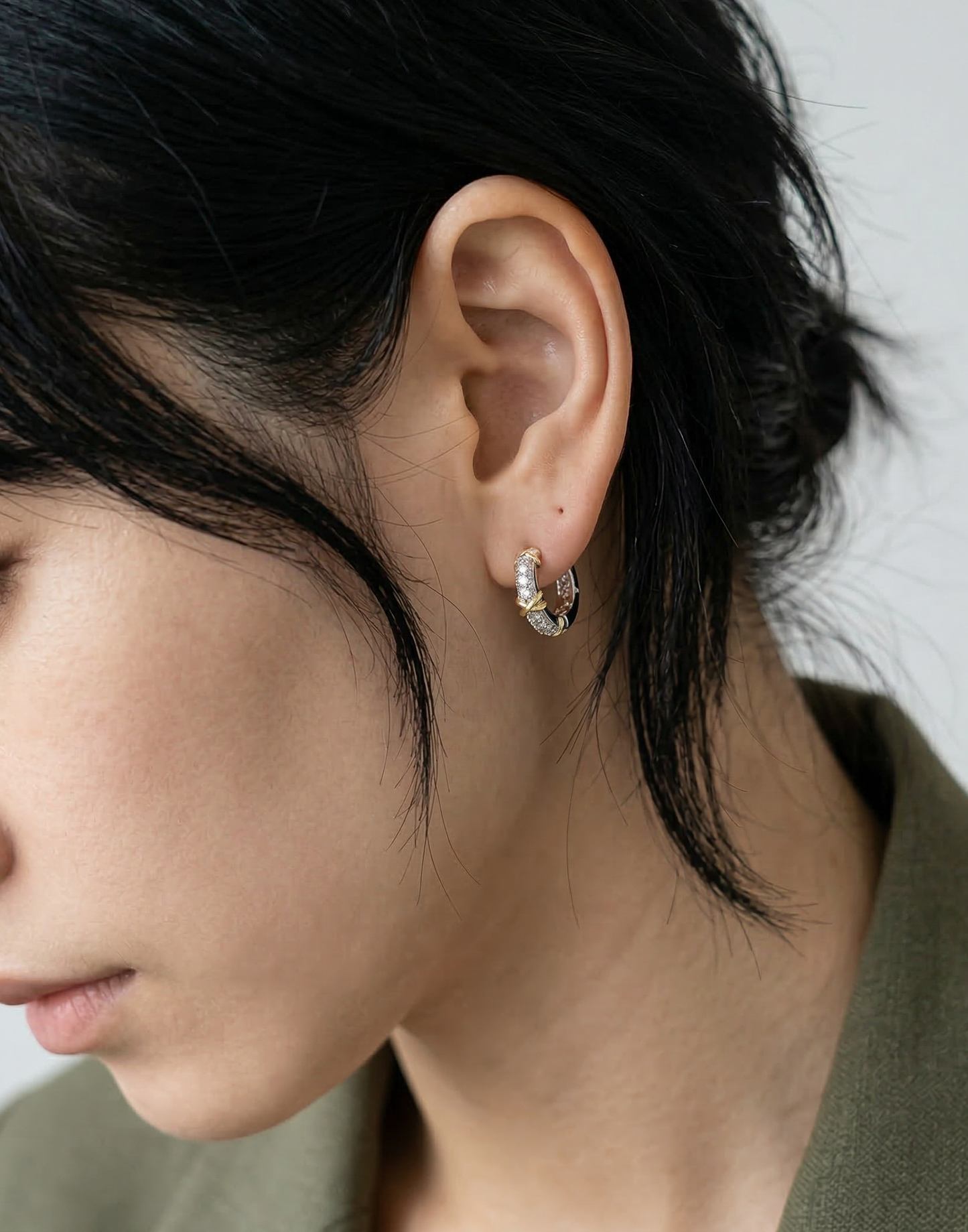 Two-Tone CZ Criss-Cross Huggie Hoop Earrings – 925 Sterling Silver, Gold X Detail