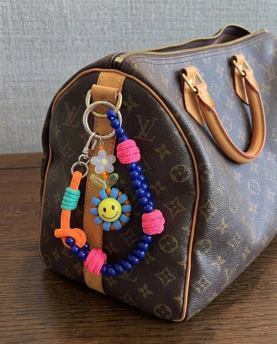 Handmade Smile Flower Beaded Strap Bag Charm Keychain – 4 Colors