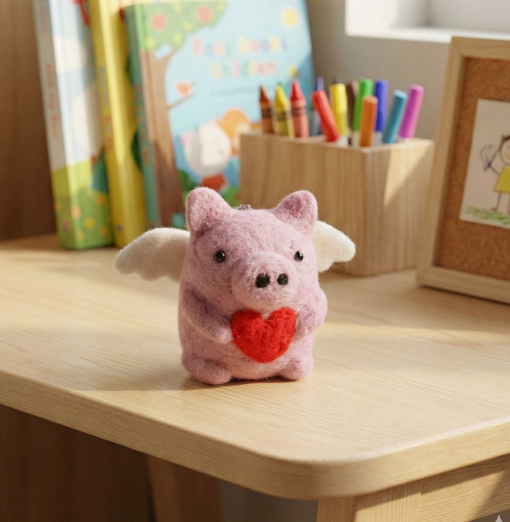 Pink angel pig wool felt keychain with red heart on wooden desk with colorful crayons and books