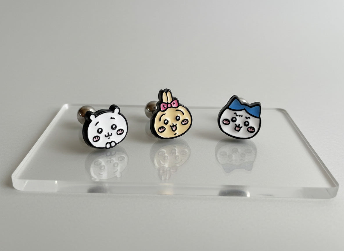 Chiikawa Enamel Brass Barbell Studs - Hachiware Usagi Cute Anime Character Earrings for Helix, Cartilage & Lobe Piercings