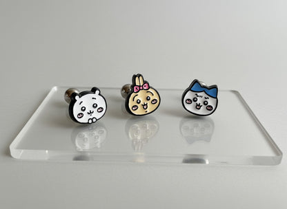 Chiikawa Enamel Brass Barbell Studs - Hachiware Usagi Cute Anime Character Earrings for Helix, Cartilage & Lobe Piercings