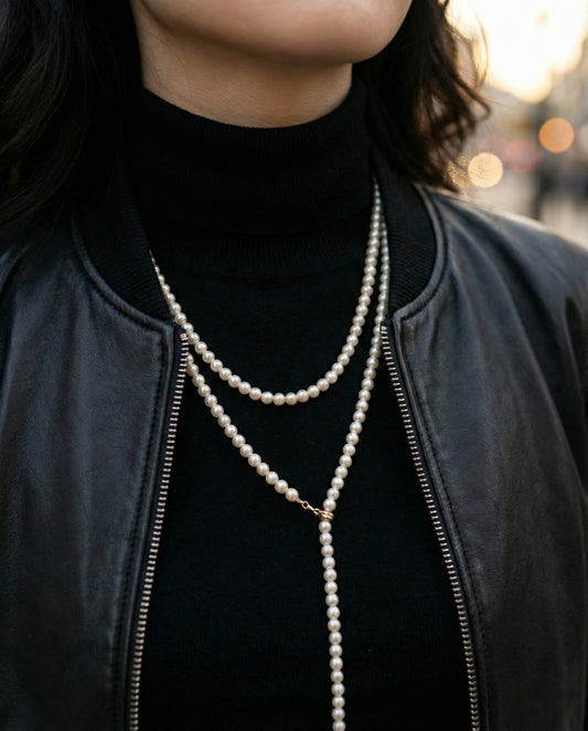 Pearl lariat necklace Y-shape styling with black turtleneck and leather jacke