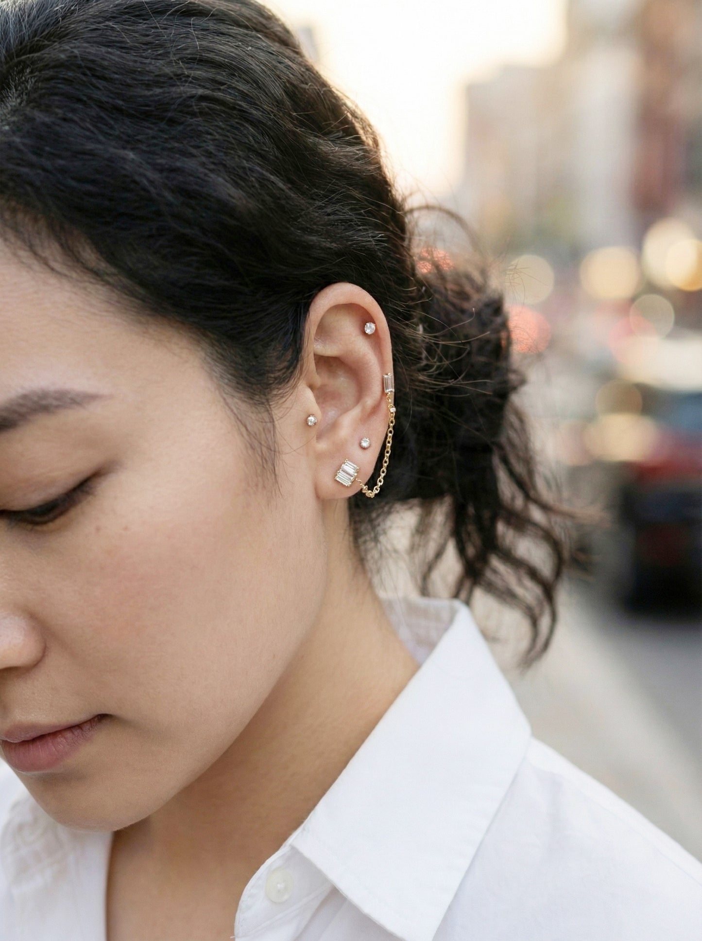 Baguette Crystal Double Piercing Chain Studs | Surgical Steel