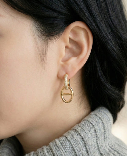 Pavé CZ Anchor Link Huggie Drop Earrings | Gold & Silver