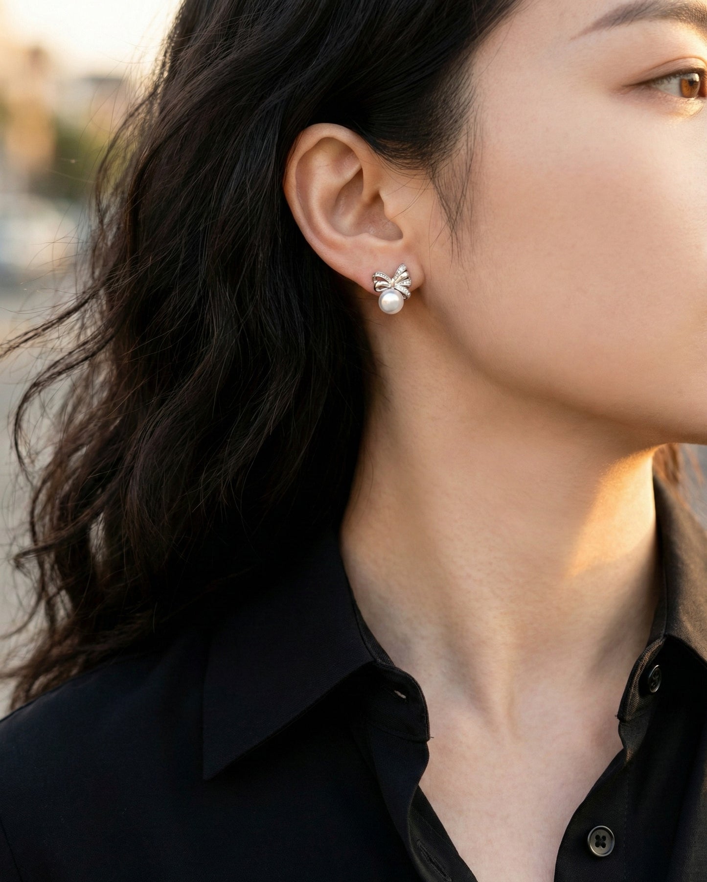 Elegant Ribbon Bow Pearl Stud Earrings - 925 Silver Post