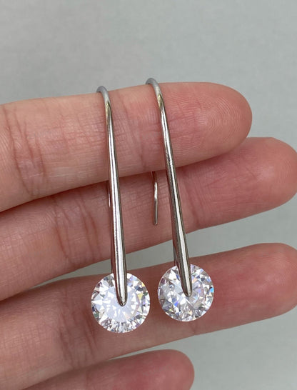 43mm Long Drop U-Hook Earrings - 10mm Cubic Zirconia Gold Silver