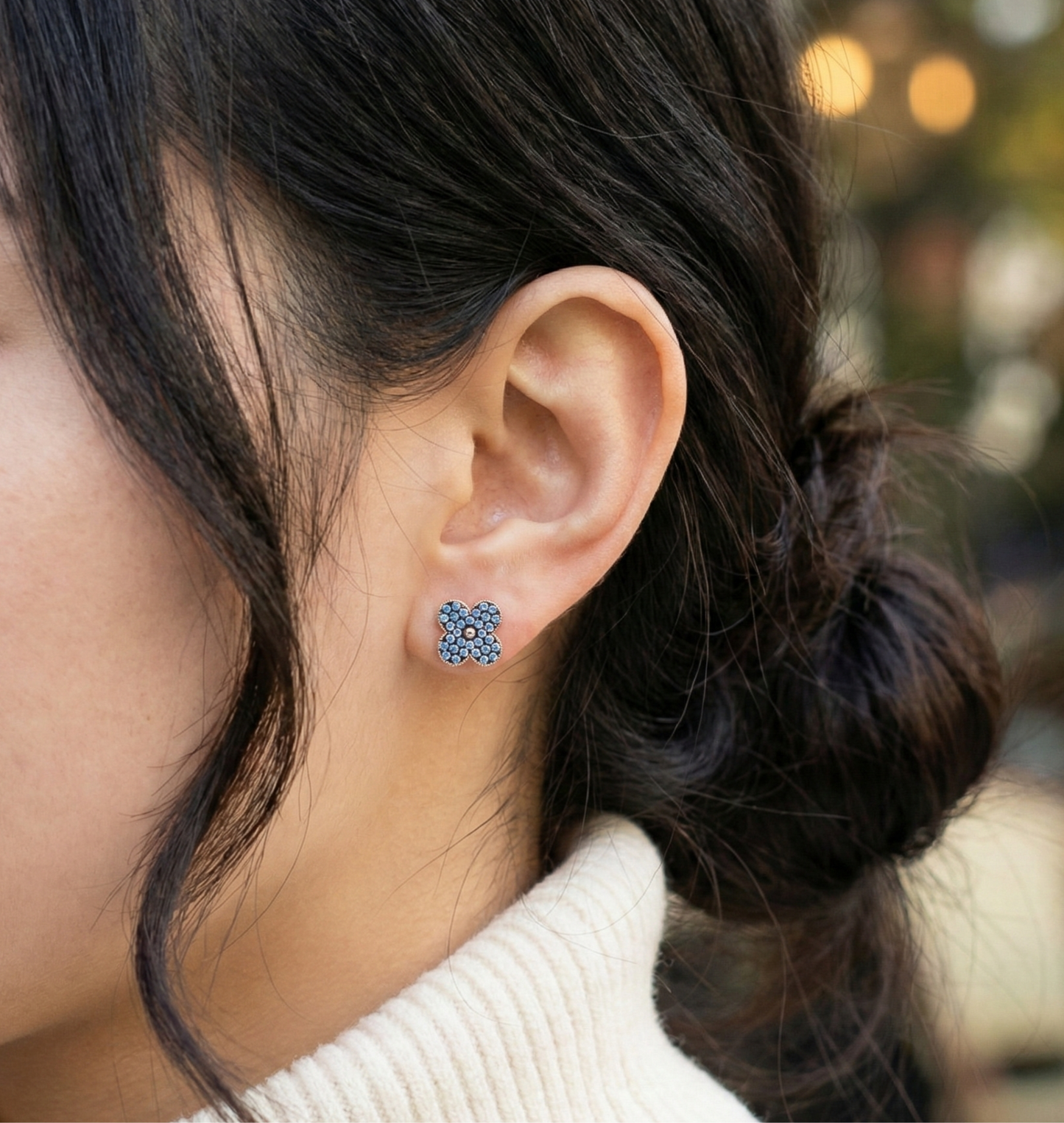 Dainty Aqua Blue Pave Clover Stud Earrings 925 Sterling Silver Rose Gold