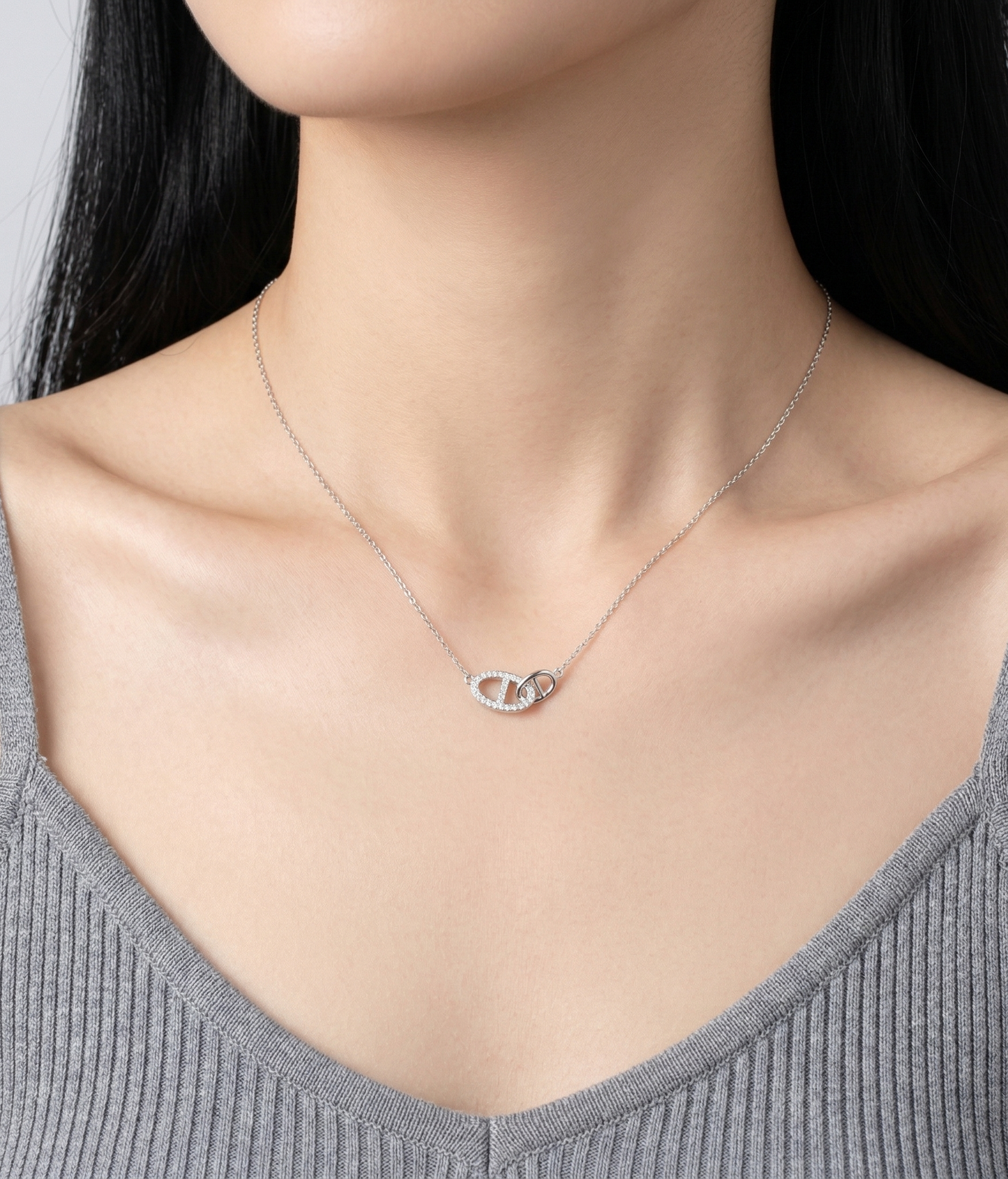 925 Sterling Silver Pavé CZ Interlocking Double Ring Necklace