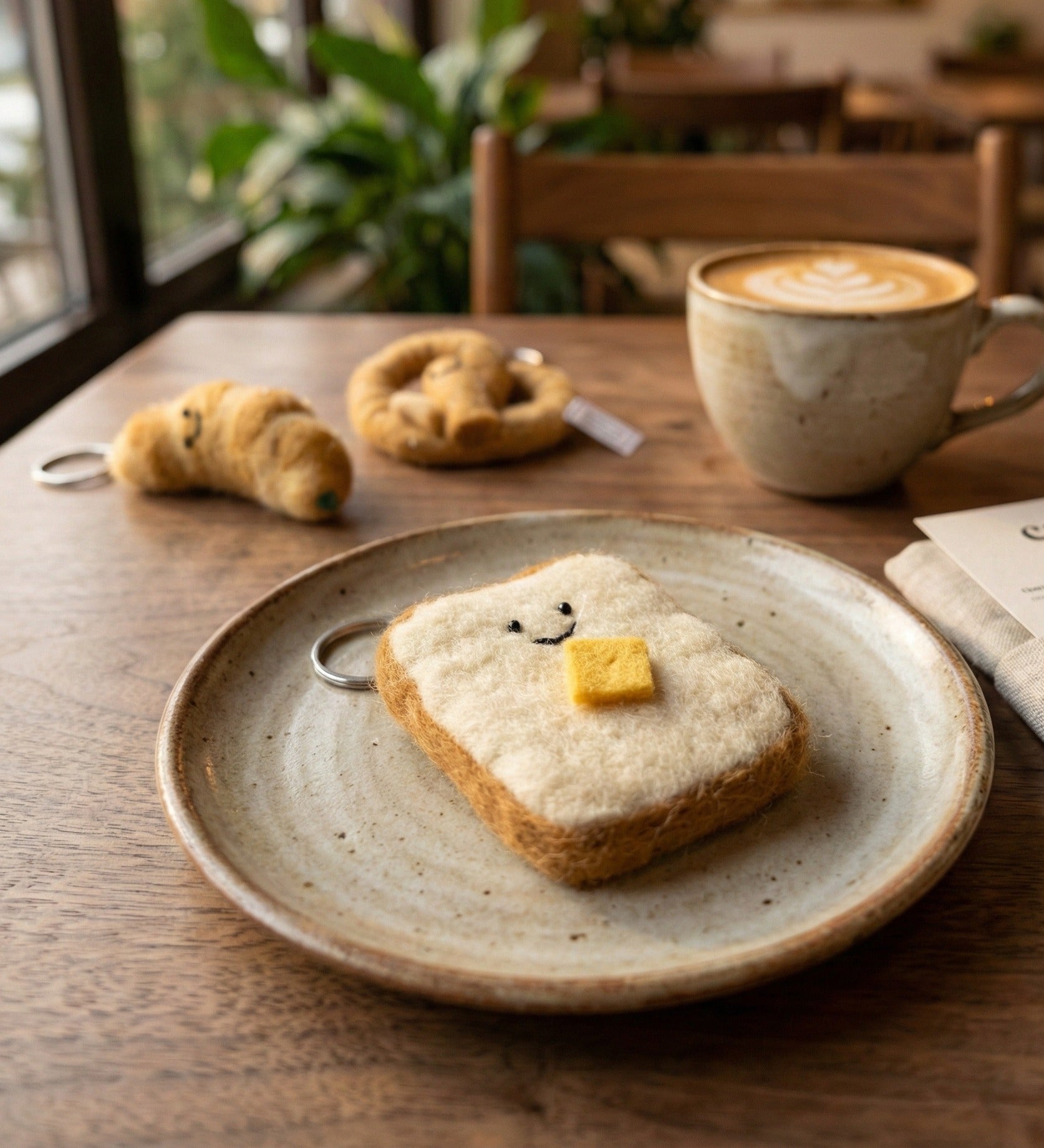 Wool felt toast and croissant keychains on cafe table with coffee cup and croissant pastry