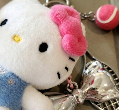 Authentic Hello Kitty Tennis Plush Keychain Bag Charm | Kawaii Y2K Tenniscore Accessory with Silver Bow & Racket Charms