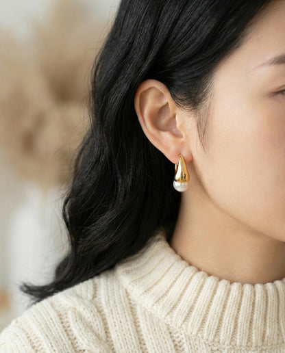 Gold Silver Teardrop Pearl Huggie Earrings - Titanium Post & Lightweight