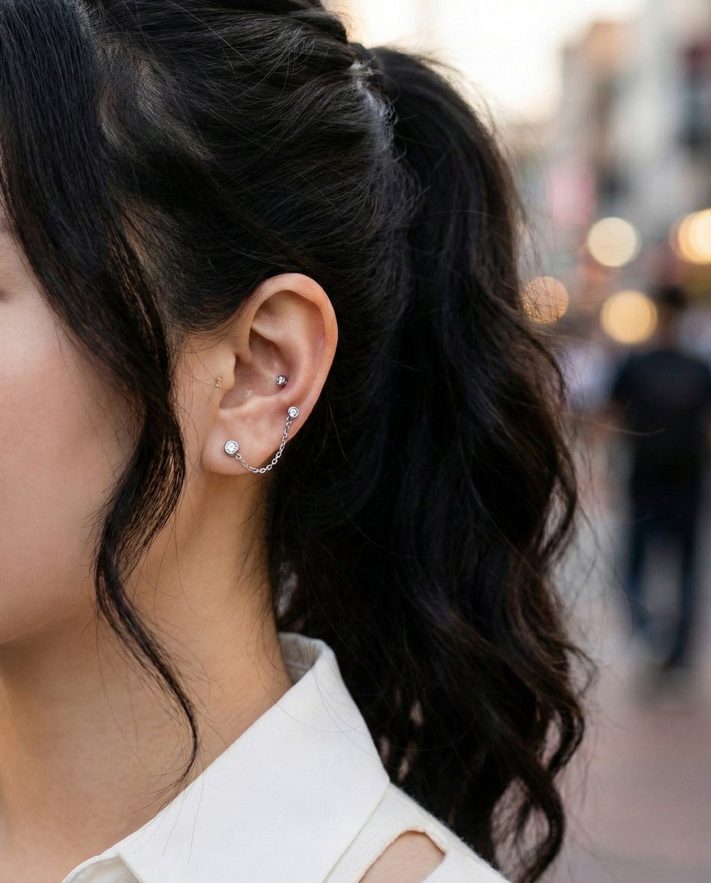 CZ Bezel Chain Barbell Piercing - Double Stud Connector Earring in Gold, Silver & Rose Gold