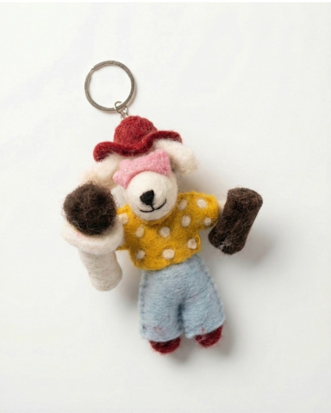Cowboy dog keychain with red hat - hipster wool felt bag charm