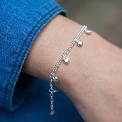 925 Sterling Silver Heart Charm Bracelet - Double Chain Puffed Hearts