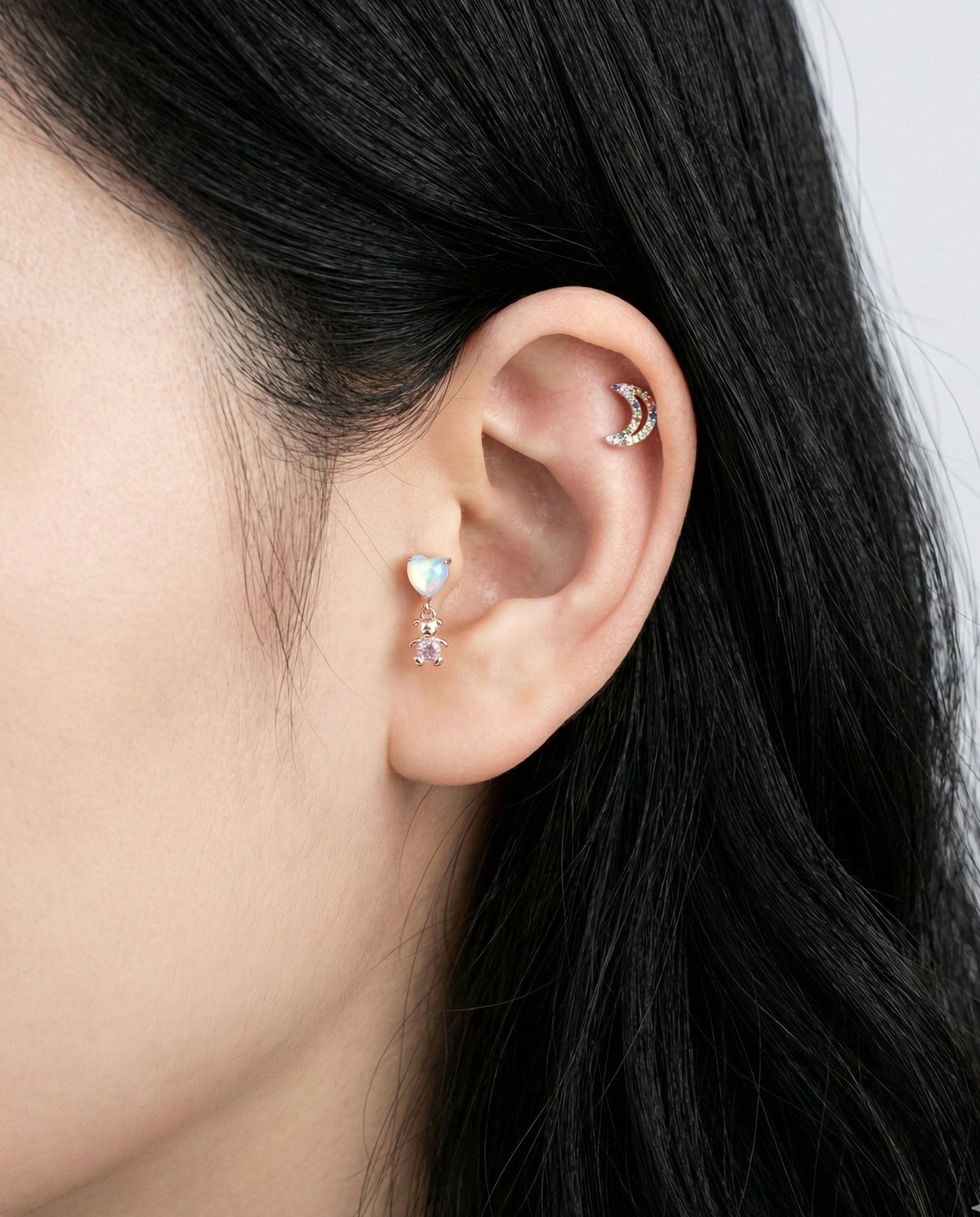 Aurora Heart & Teddy Bear Dangle Barbell Piercing | Titanium Post
