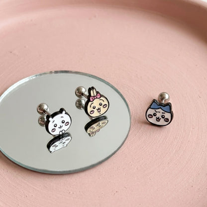 Chiikawa Enamel Brass Barbell Studs - Hachiware Usagi Cute Anime Character Earrings for Helix, Cartilage & Lobe Piercings