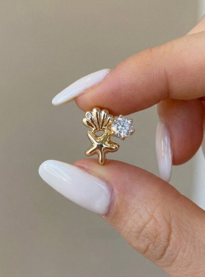 Mermaidcore Shell & Starfish Cubic Zirconia Stud Earrings | Hypoallergenic Titanium Post | Gold & Silver