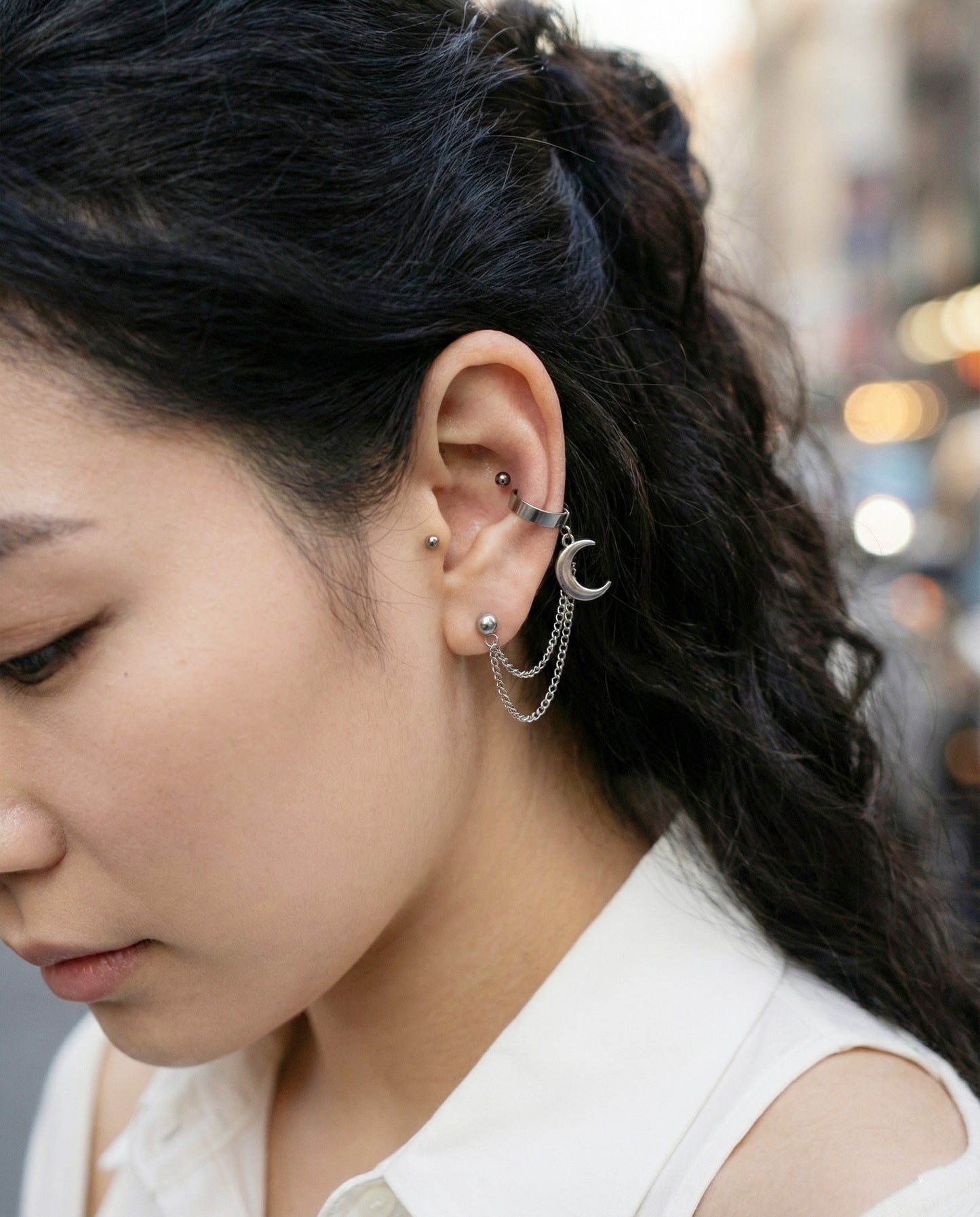 Surgical Steel Crescent Moon Double Chain Piercing Set