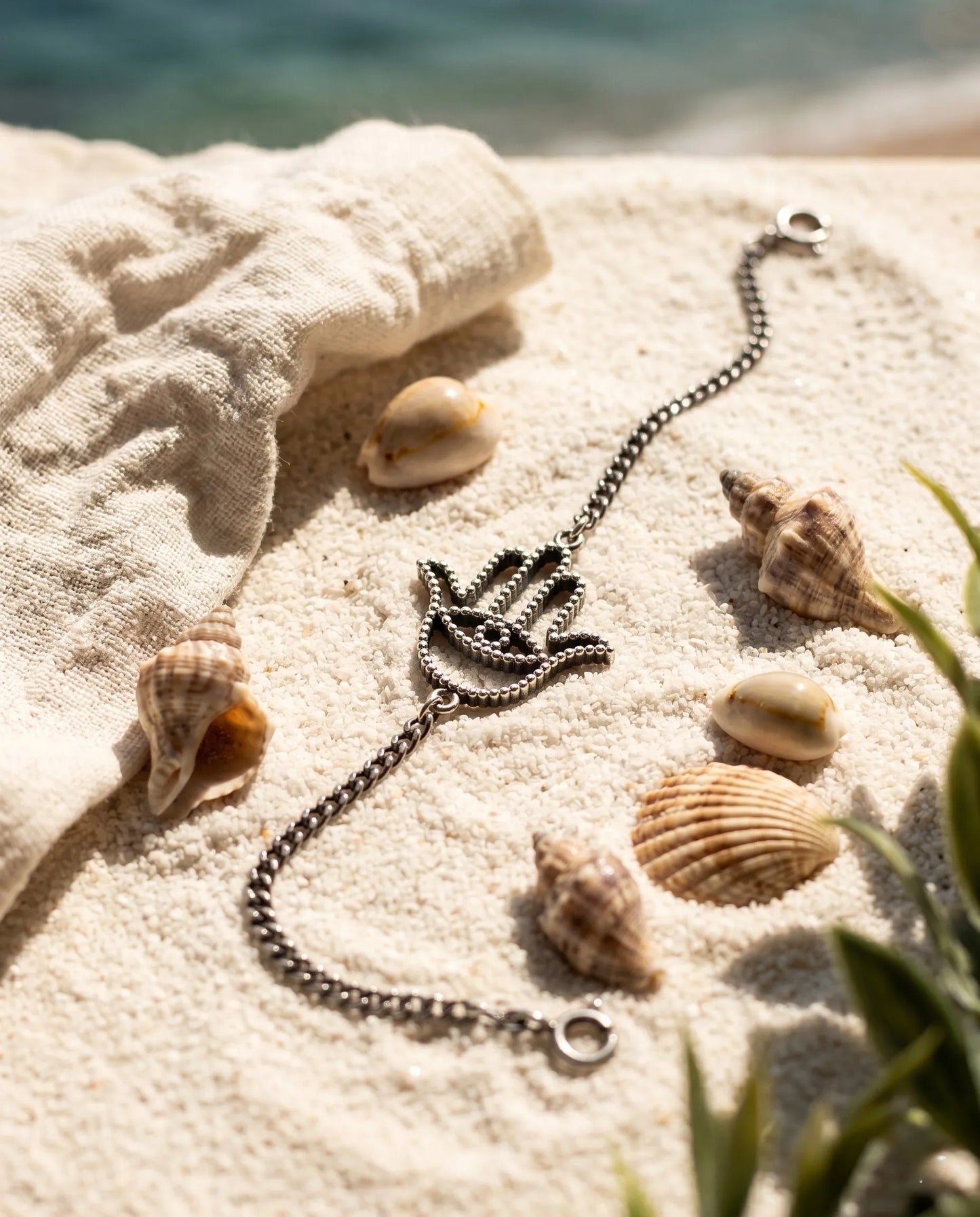 925 Sterling Silver Hamsa Hand Chain Bracelet — Handmade in Korea