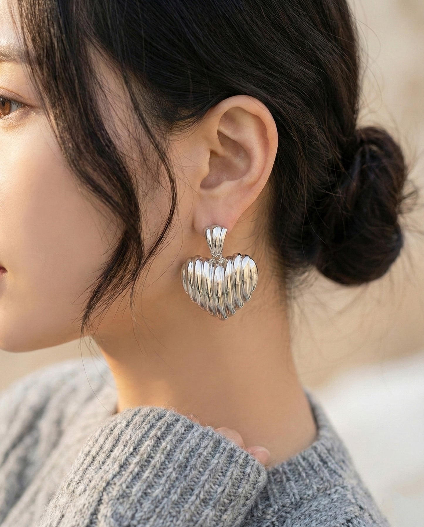 Chunky Ribbed Heart Earrings - Vintage Gold & Silver Statement Studs