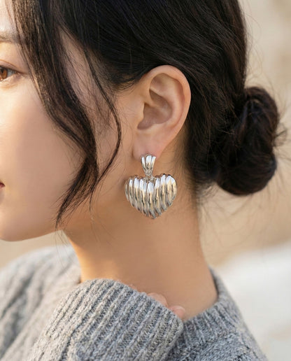 Chunky Ribbed Heart Earrings - Vintage Gold & Silver Statement Studs