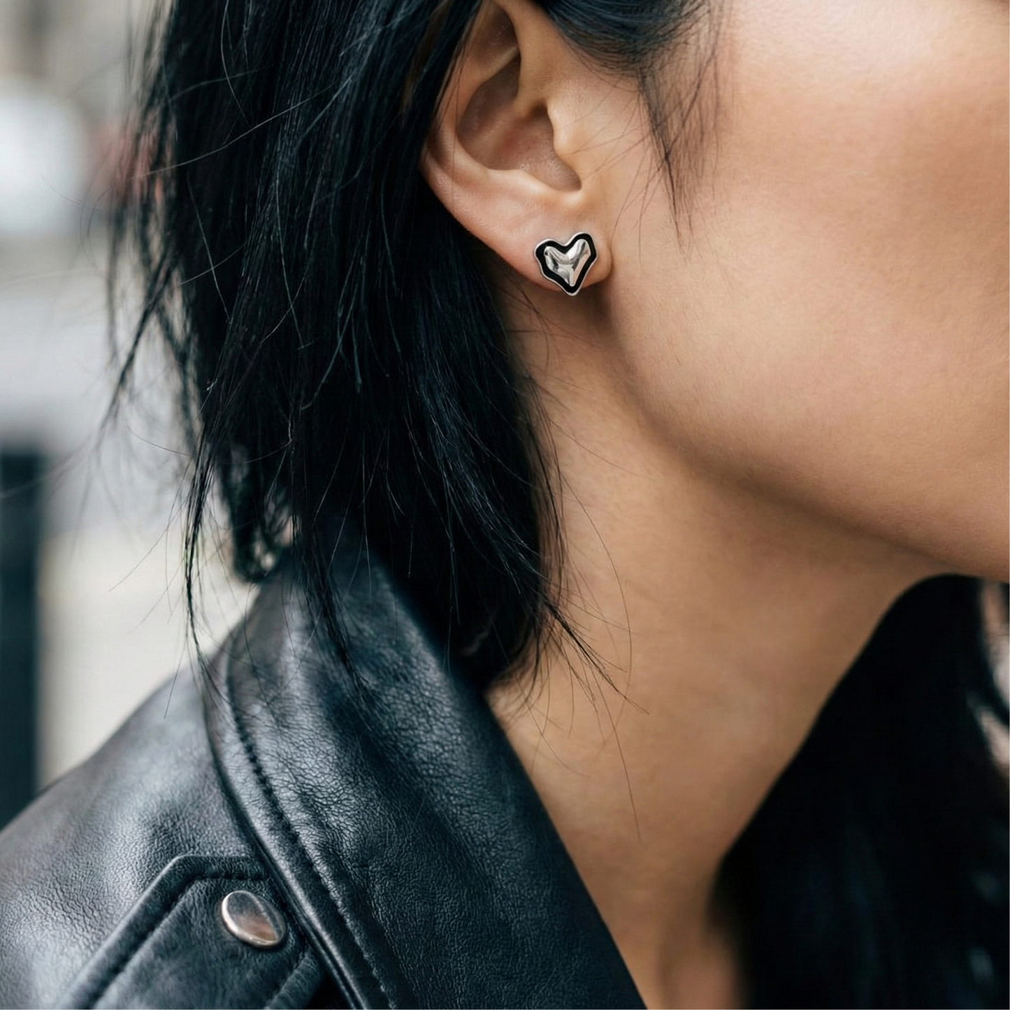 925 Sterling Silver Black Enamel Organic Heart Stud Earrings — Chunky Puff & Open Silhouette