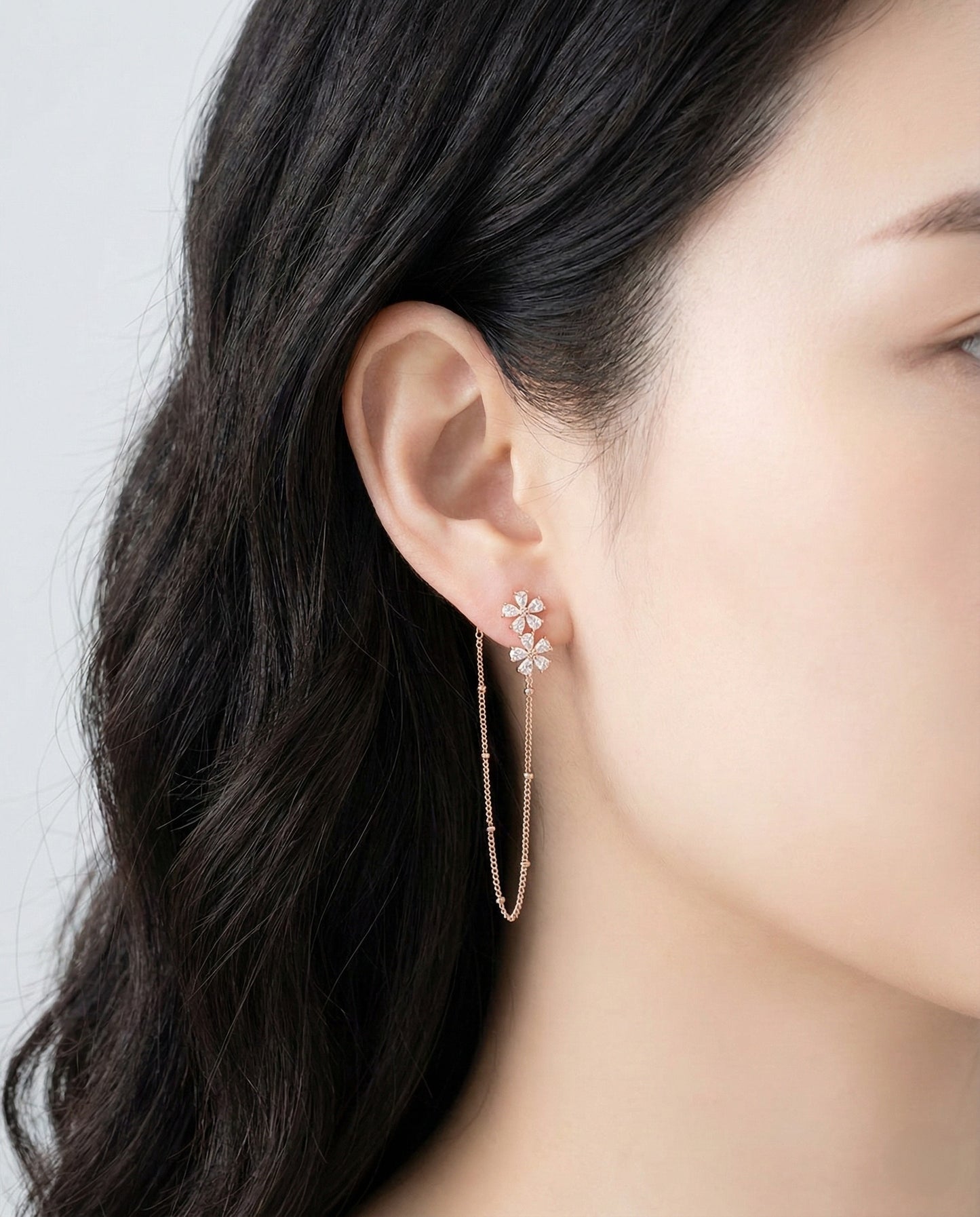 Two-Way Floral Crystal Chain Drop Earrings | Silver Post