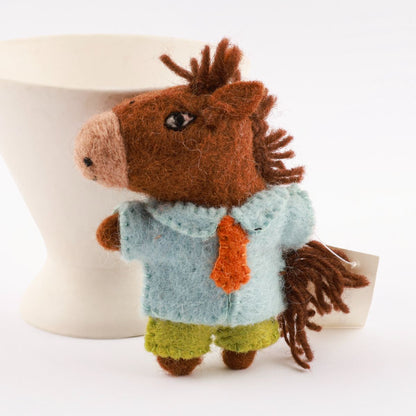 Handmade wool felt horse keychain with blue shirt and orange tie on white mug