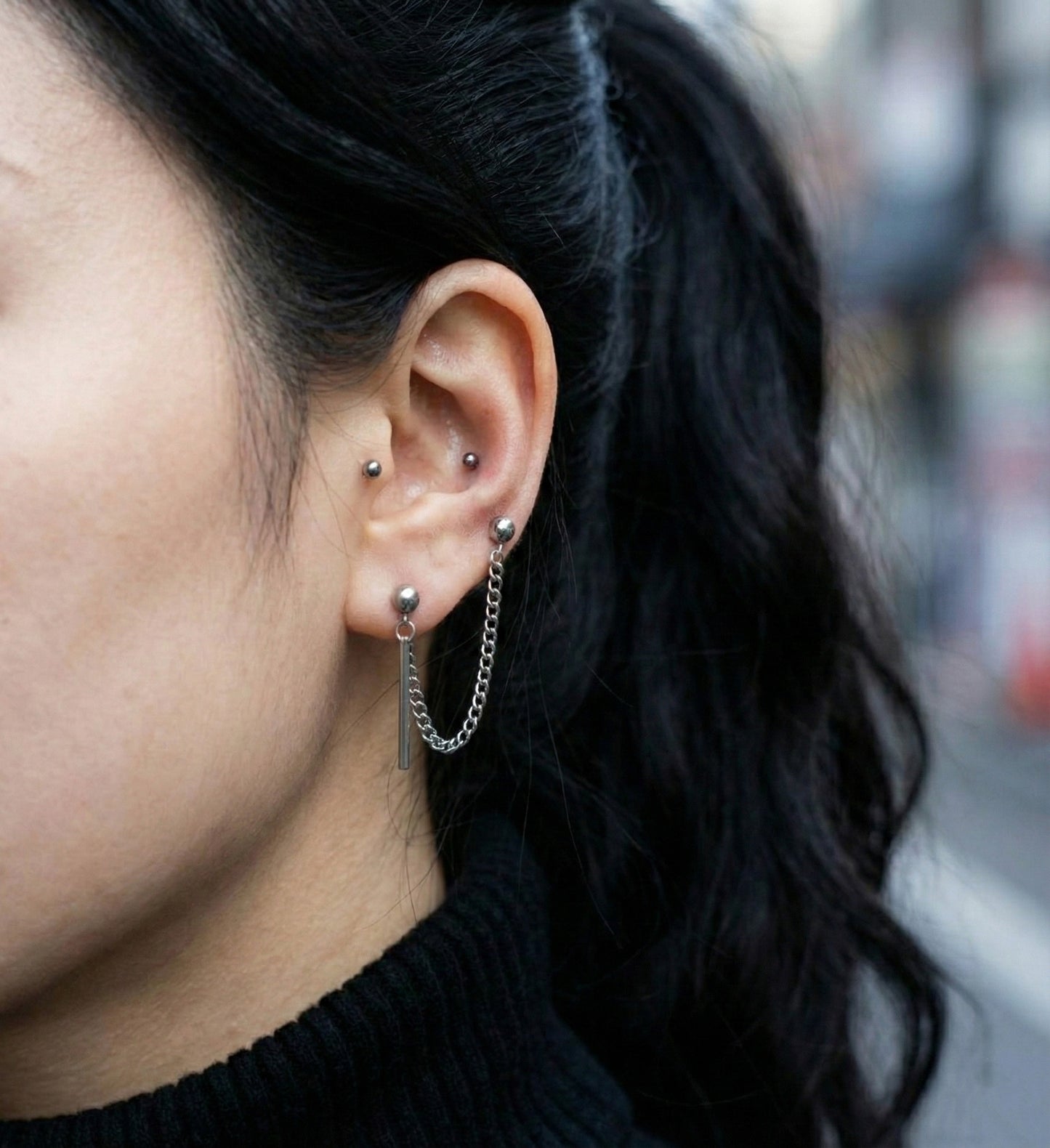 Surgical Steel Double Barbell Chain Connected Earring with Stick Drop