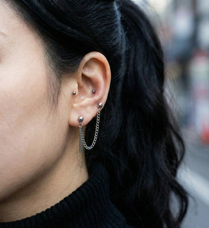 Surgical Steel Double Barbell Chain Connected Earring with Stick Drop