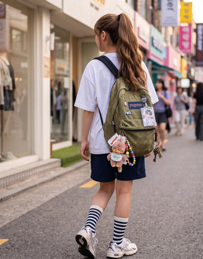 K-street style downtown girl aesthetic Chimutan brown keychain on Jansport backpack, Seoul bag decoration inspo — 8ttitto8