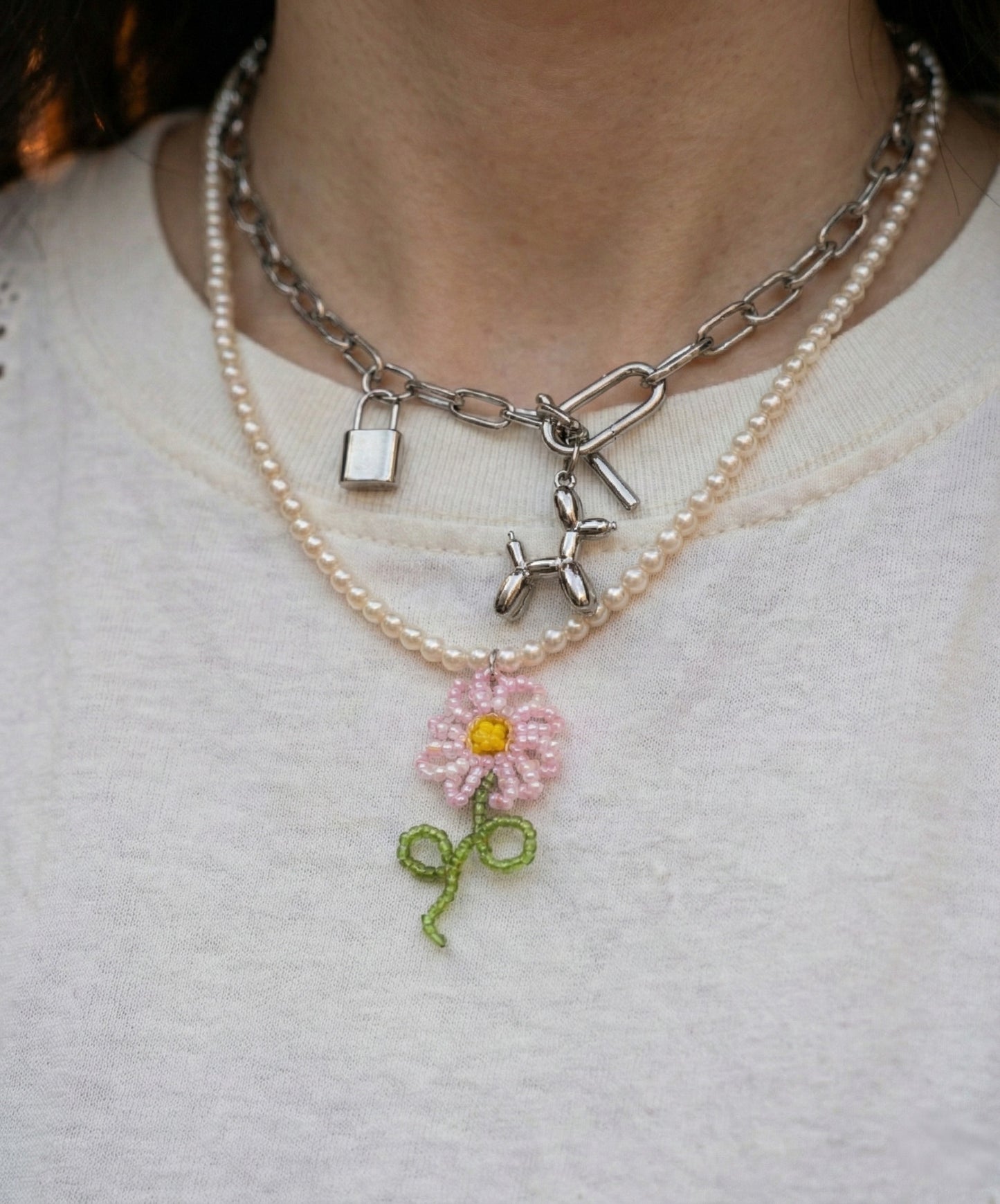 Surgical Steel Balloon Dog Padlock Mixed Chain Toggle Necklace