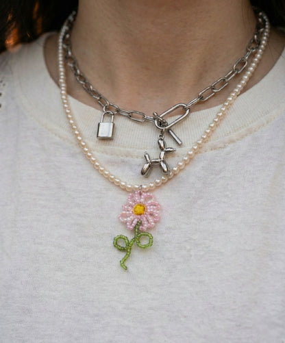 Surgical Steel Balloon Dog Padlock Mixed Chain Toggle Necklace