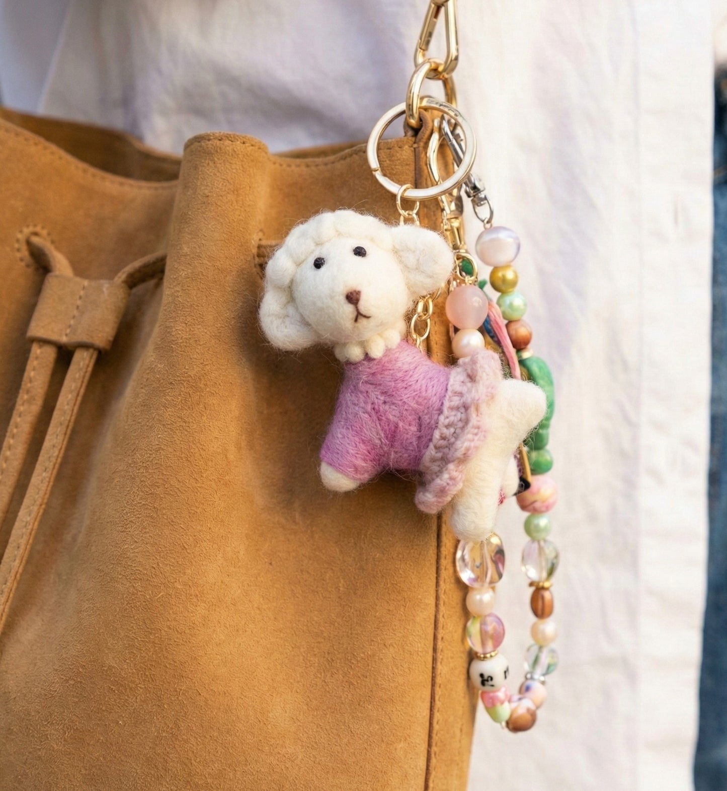 Handmade Wool Felt Poodle Bag Charm Keychain from Nepal