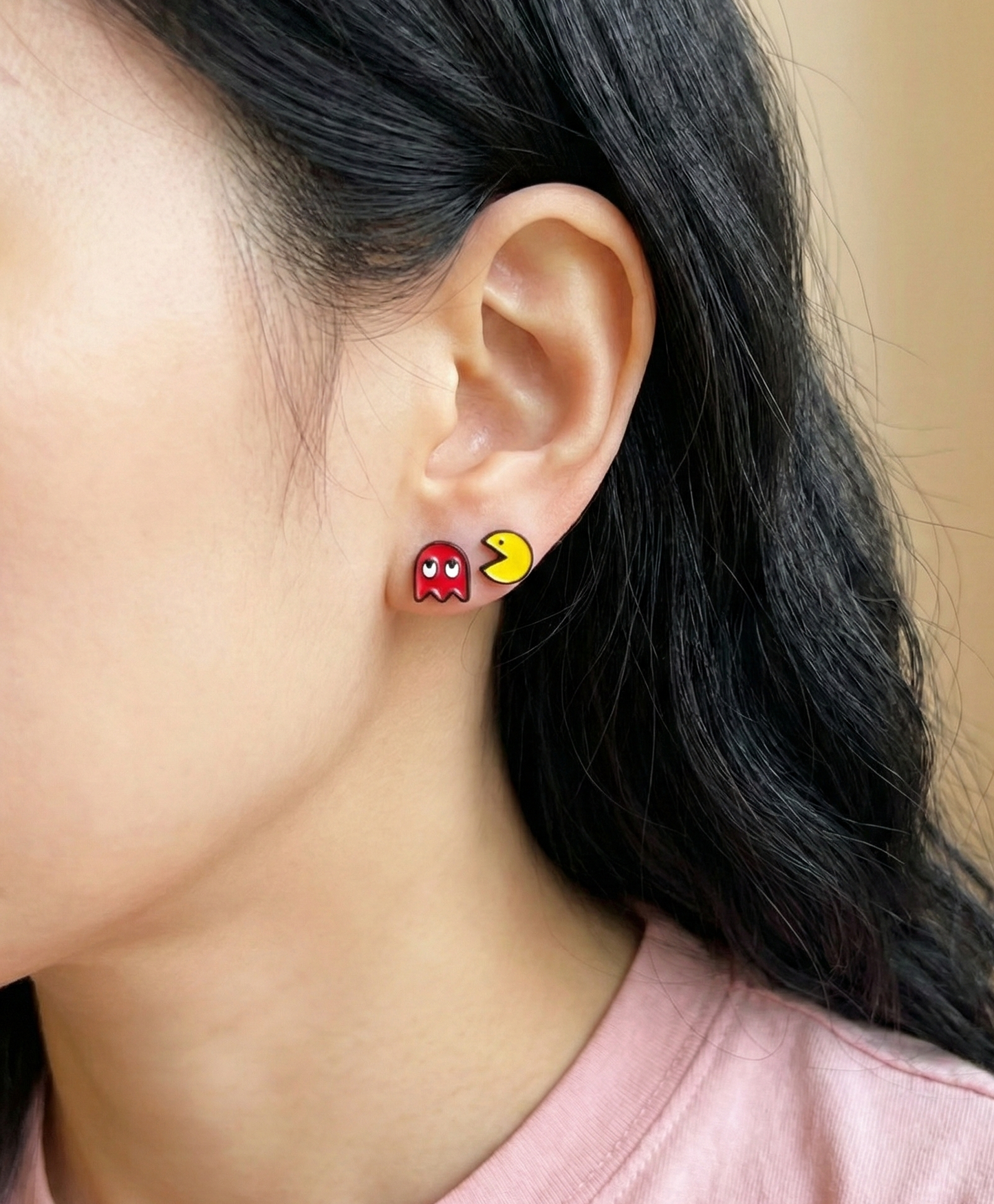 Pac-Man & Ghost Enamel Stud Earrings Set | Retro Arcade Y2K Kawaii Jewelry | Hypoallergenic Silver Post | Made in Korea
