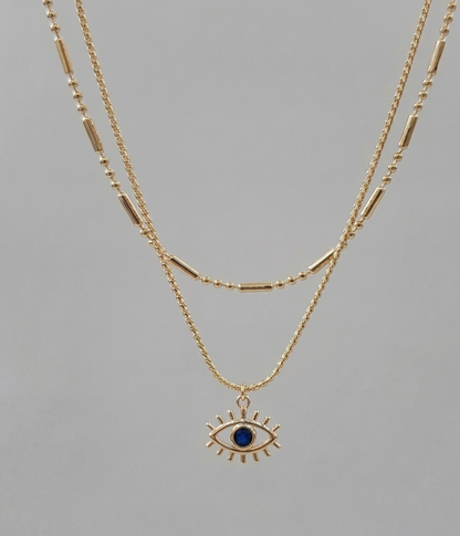 Evil Eye Layered Necklace – Double Chain Sunburst Pendant in Gold & Silver | 8TTITTO8