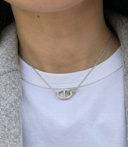 925 Sterling Silver Pavé CZ Interlocking Double Ring Necklace