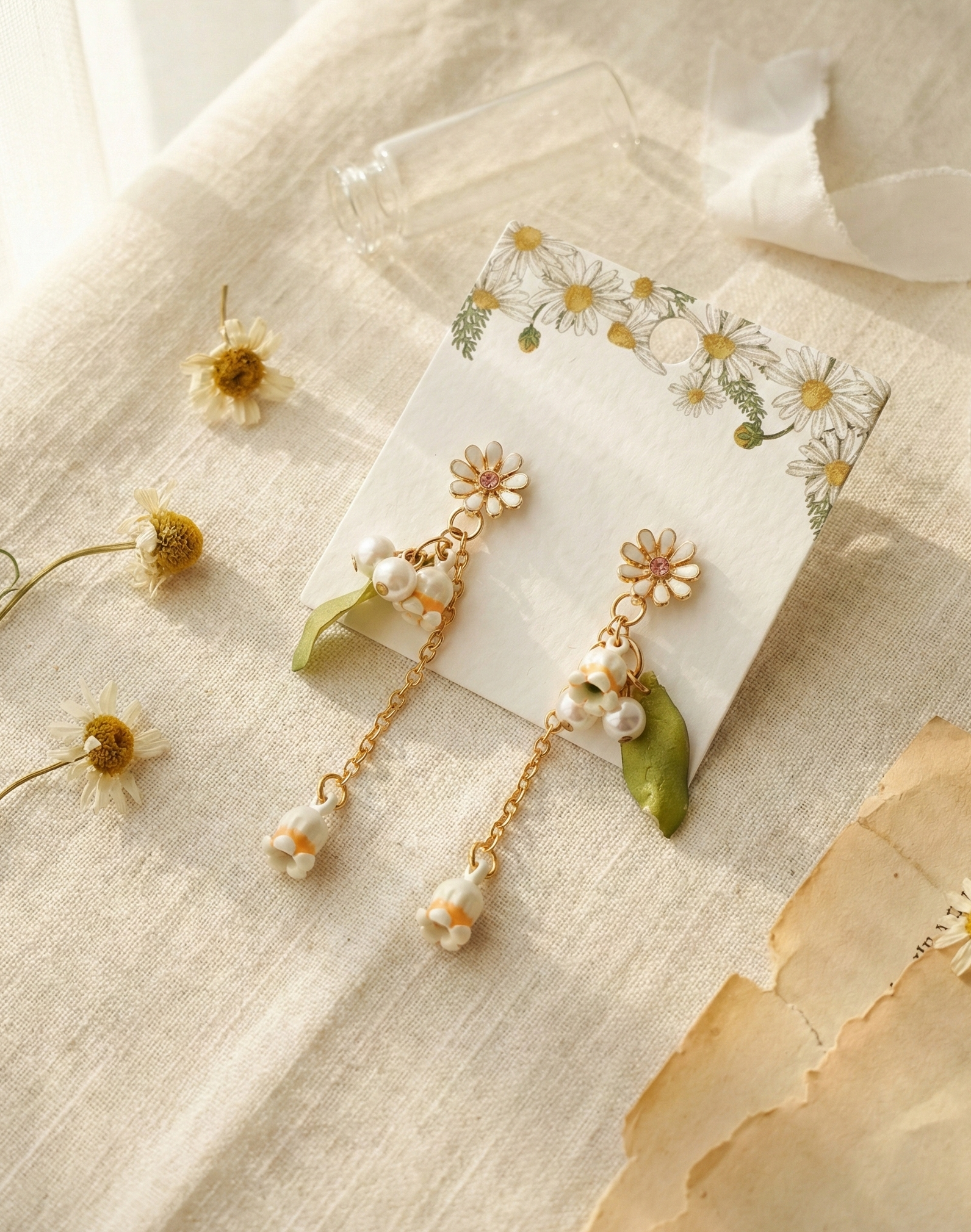 Close-up of elegant white Lily of the Valley drop earrings with pearls.