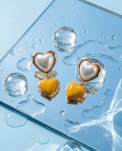 Chunky Double Heart Drop Earrings – Pearl & Color Block