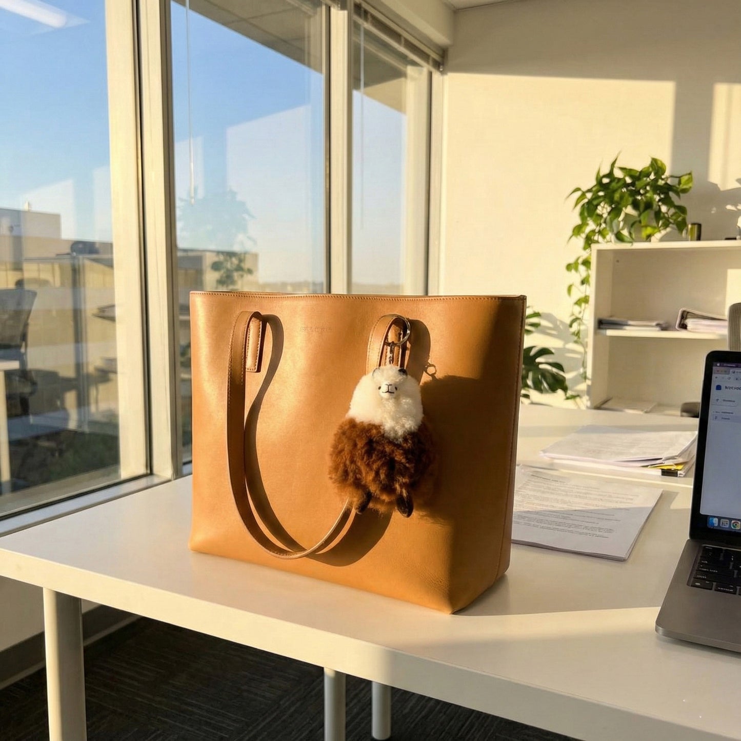 Cappuccino two-tone alpaca fur bag charm attached to camel leather tote bag in bright office workspace