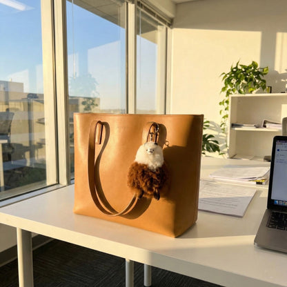 Cappuccino two-tone alpaca fur bag charm attached to camel leather tote bag in bright office workspace