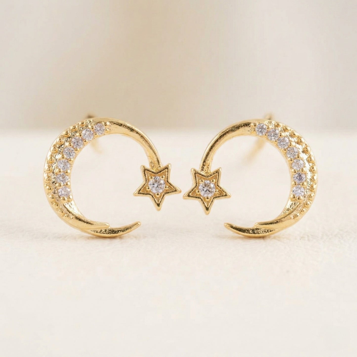 Celestial Crescent Moon & Star Pavé Stud Earrings | Silver, Gold & Rose Gold