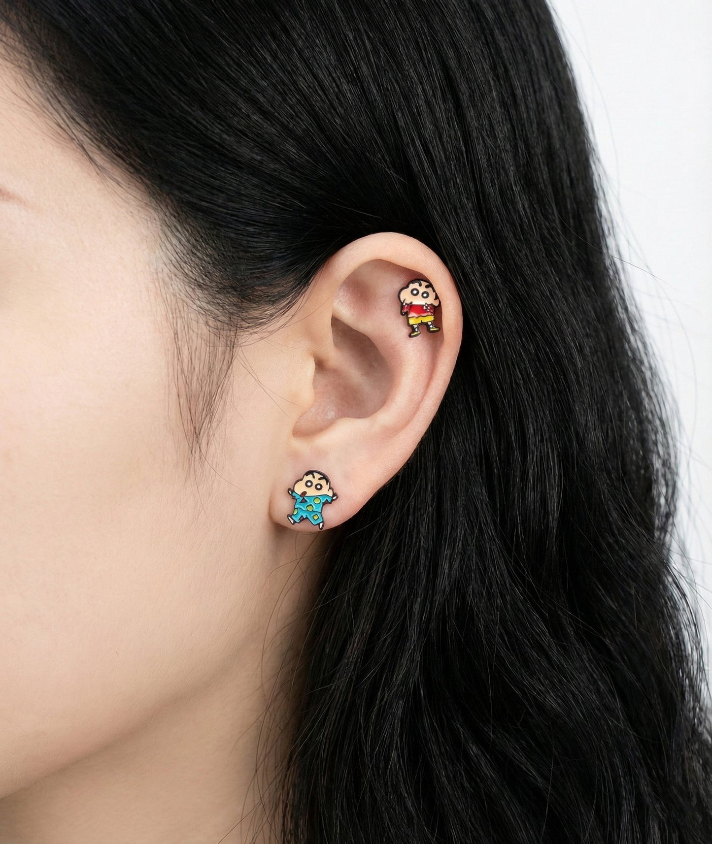 Pajama Shin-chan earrings layered on ear - hypoallergenic surgical steel cartoon studs