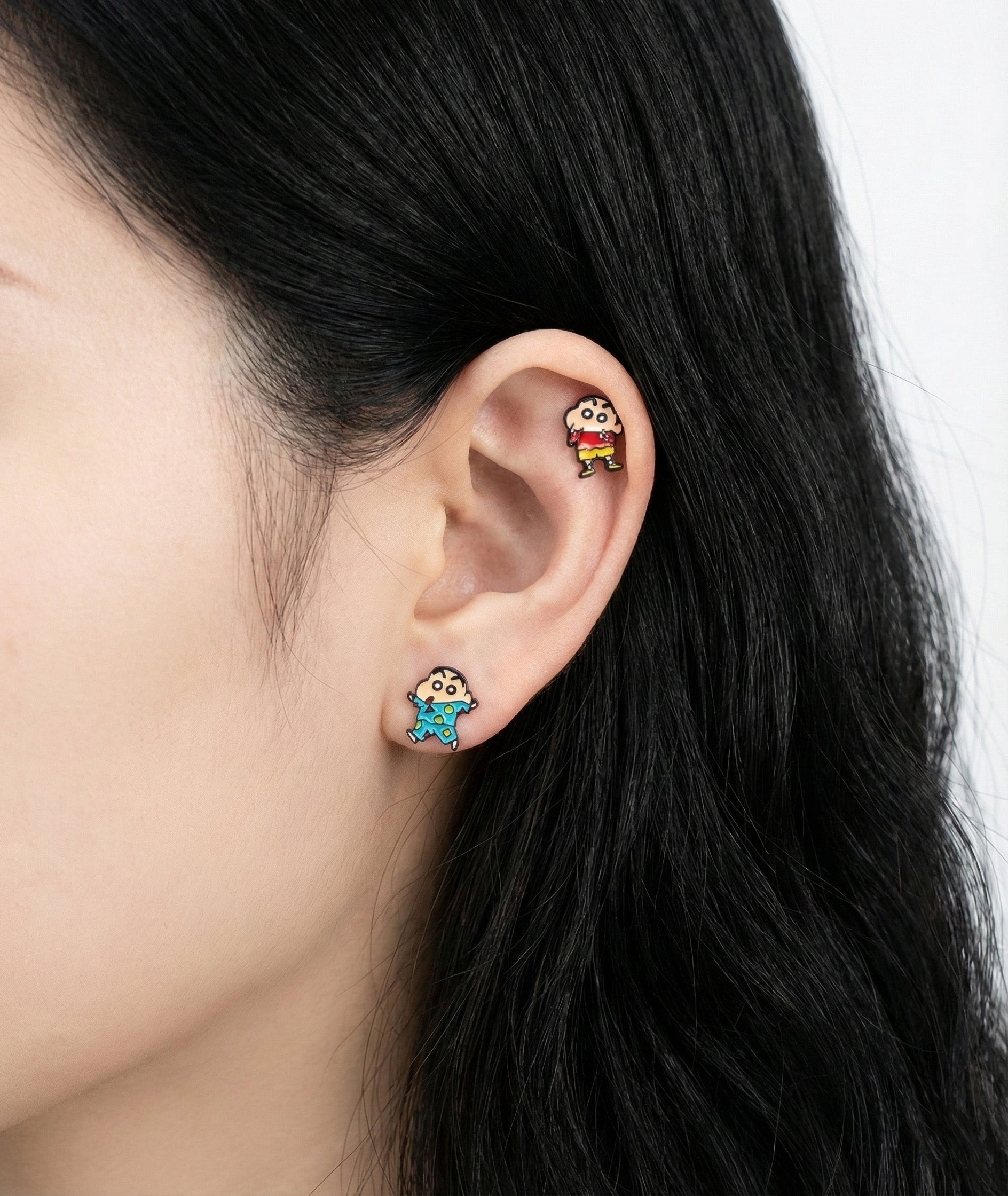 Pajama Shin-chan earrings layered on ear - hypoallergenic surgical steel cartoon studs