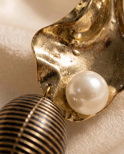 Gold Hammered Pearl Drop Earrings | K-Style Statement | Titanium Post