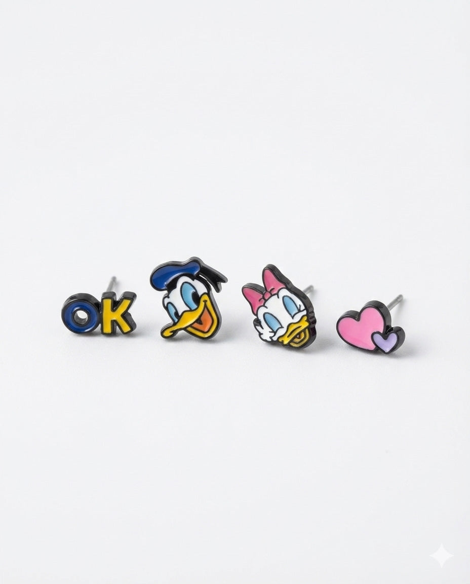 Donald & Daisy Duck Enamel Stud Earrings Set - 925 Silver Post
