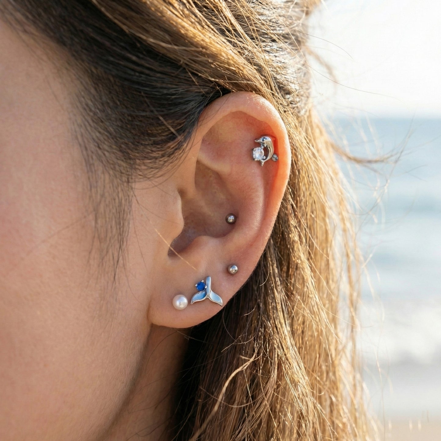 Lucky Ocean 4-Piece Barbell Ball Stud Earring Set - Dolphin & Whale Tail