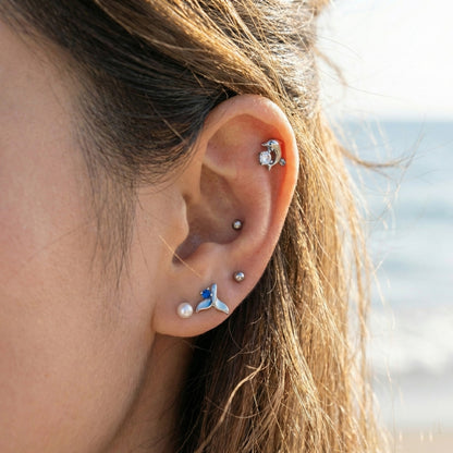 Lucky Ocean 4-Piece Barbell Ball Stud Earring Set - Dolphin & Whale Tail