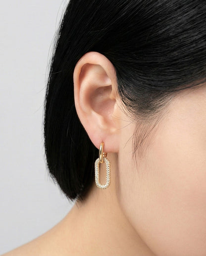 Huggie Hoop Pavé Oval Chain Link Drop Earrings – Gold & Silver